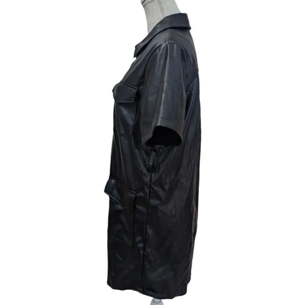 House of Harlow 1960 Faux Leather Button Short Sleeve Shirt Mini Dress in Black - Picture 4 of 7